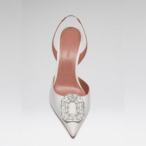 NIB Amina Muaddi Camelia White Slingback Heels with Embellished Buckle sz 40